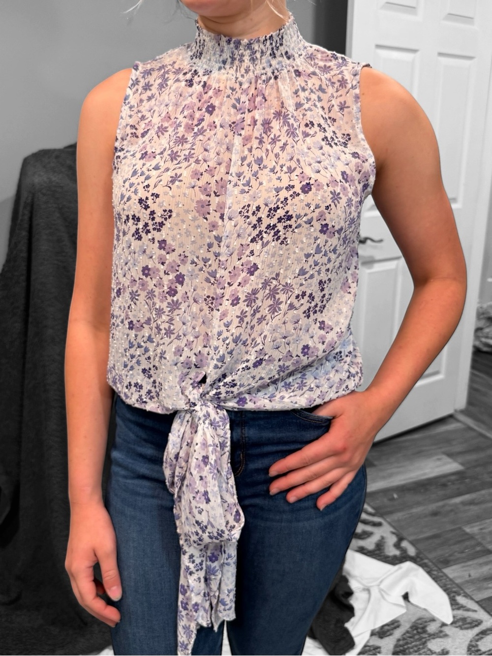 Sleeveless Smocked Neck Tie-Front Floral Top - Lavender